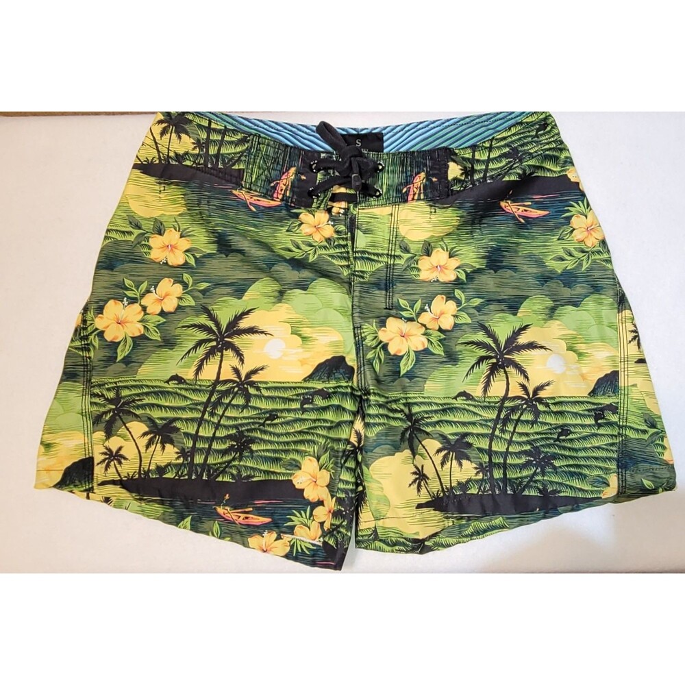 Old Navy Board Shorts Men's Size S Tropical Palm Tree Hawaiian Swim Trunks Green
